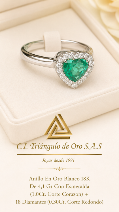 Anillo En Oro Blanco 18K Con Esmeralda y Diamantes