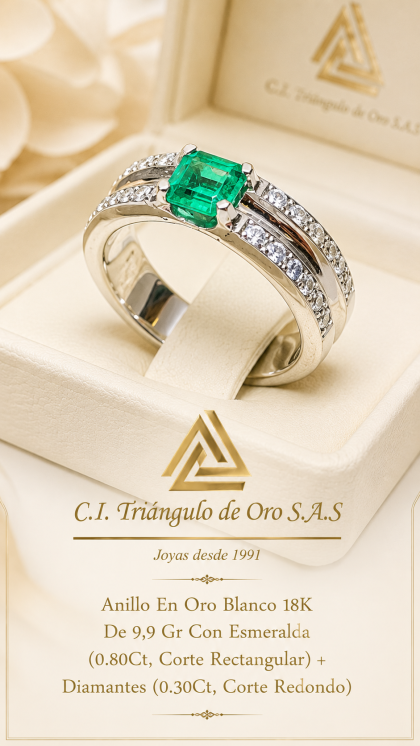 Anillo En Oro Blanco 18K Con Esmeralda y Diamantes