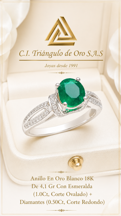 Anillo En Oro Blanco 18K Con Esmeralda y Diamantes