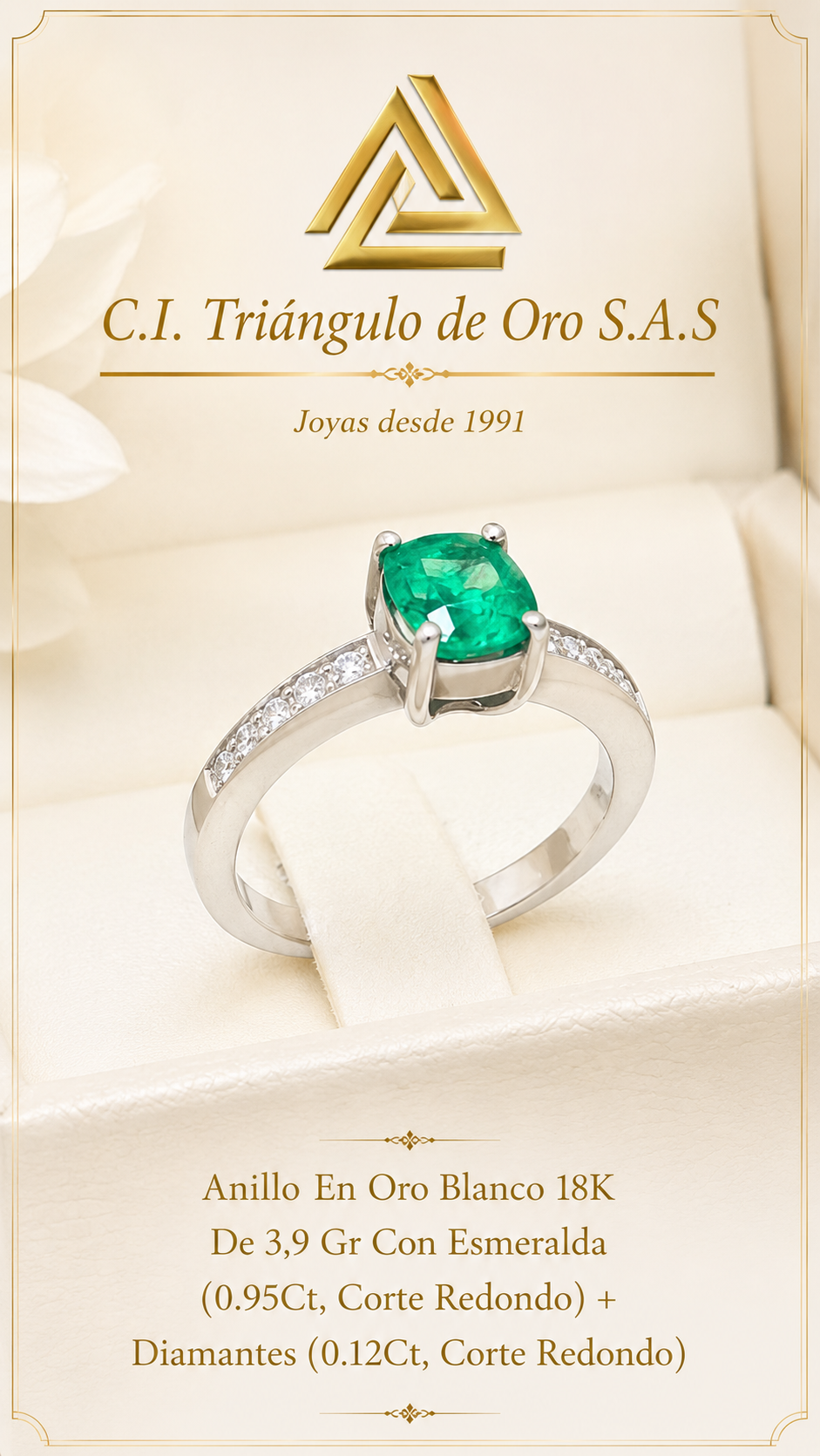 Anillo En Oro Blanco 18K Con Esmeralda y Diamantes