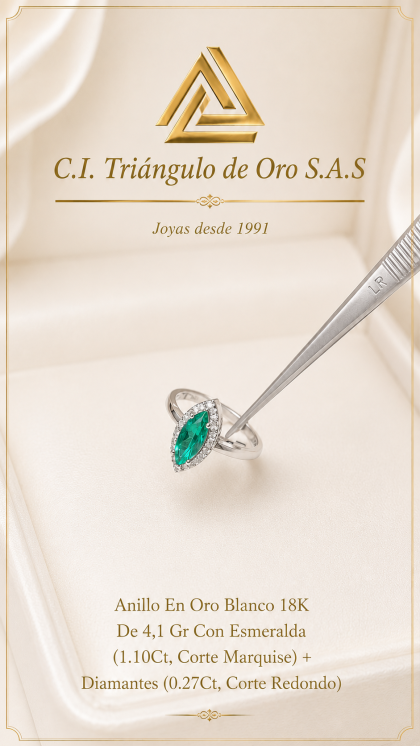 Anillo En Oro Blanco 18K Con Esmeralda y Diamantes