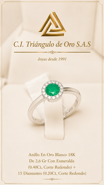 Anillo En Oro Blanco 18K Con Esmeralda y Diamantes