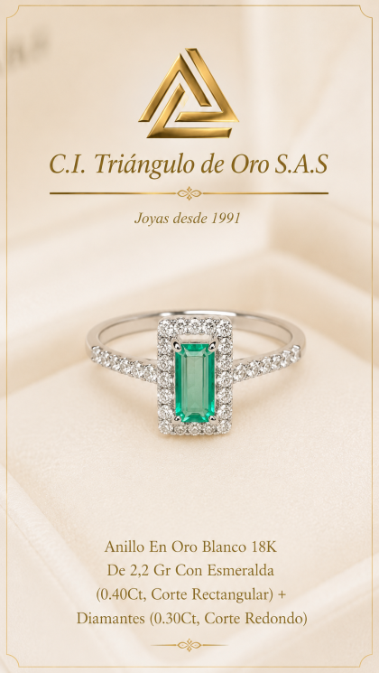 Anillo En Oro Blanco 18K Con Esmeralda y Diamantes