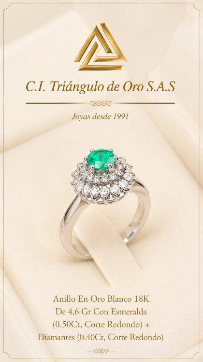 Anillo En Oro Blanco 18K Con Esmeralda y Diamantes