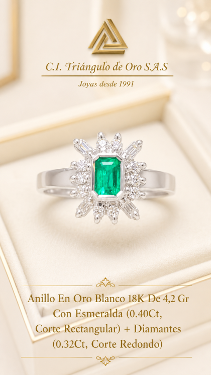 Anillo En Oro Blanco 18K Con Esmeralda y Diamantes