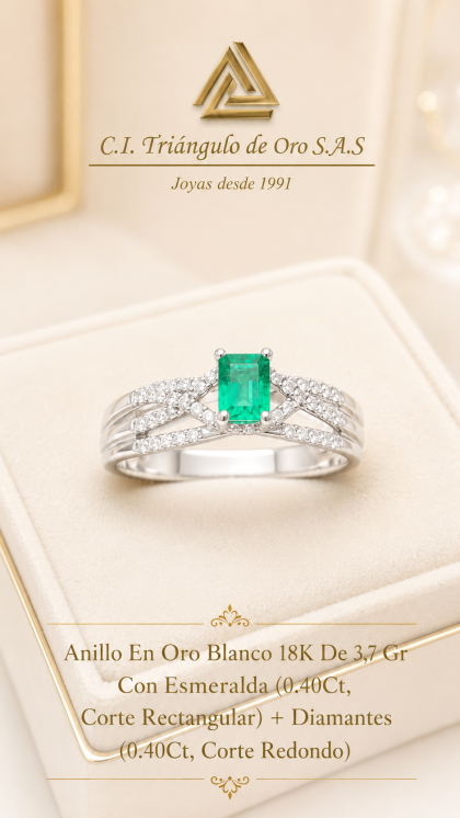 Anillo En Oro Blanco 18K Con Esmeralda y Diamantes