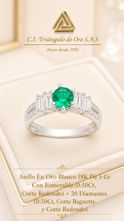 Anillo En Oro Blanco 18K Con Esmeralda y Diamantes