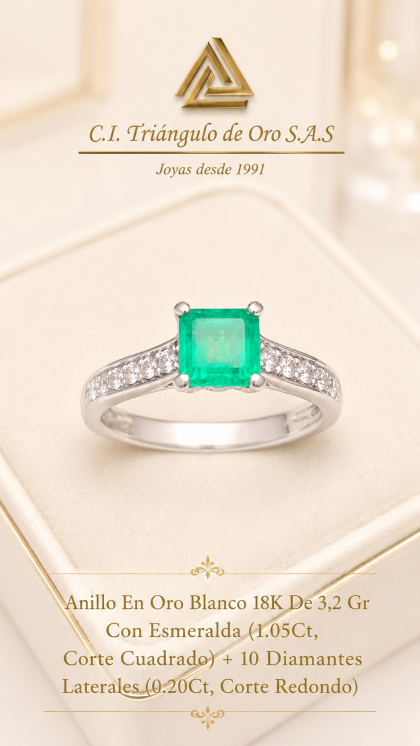 Anillo En Oro Blanco 18K Con Esmeralda y Diamantes
