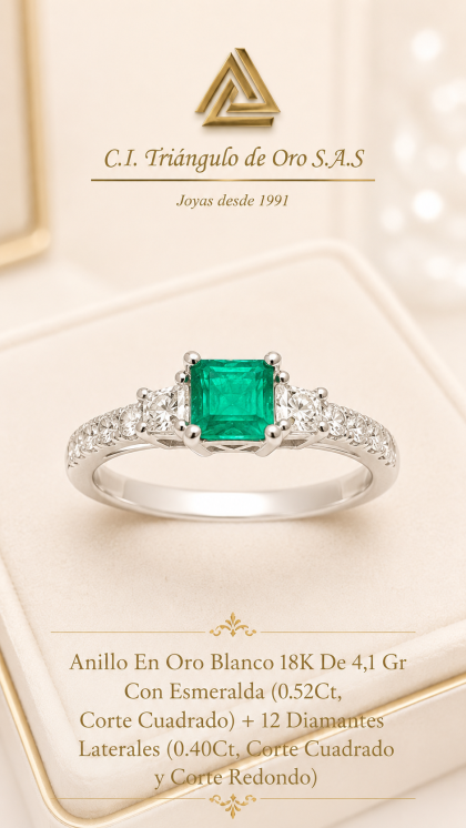 Anillo En Oro Blanco 18K Con Esmeralda y Diamantes