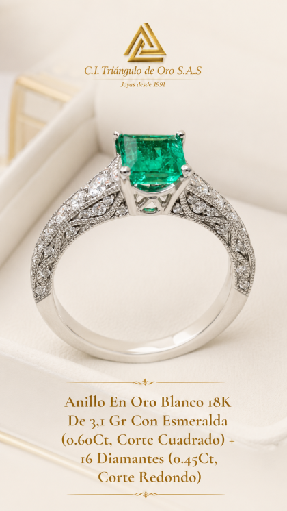 Anillo En Oro Blanco 18K Con Esmeralda y Diamantes