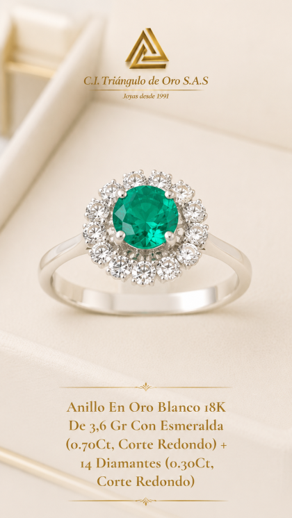 Anillo En Oro Blanco 18K Con Esmeralda y Diamantes