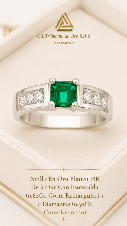 Anillo En Oro Blanco 18K Con Esmeralda y Diamantes