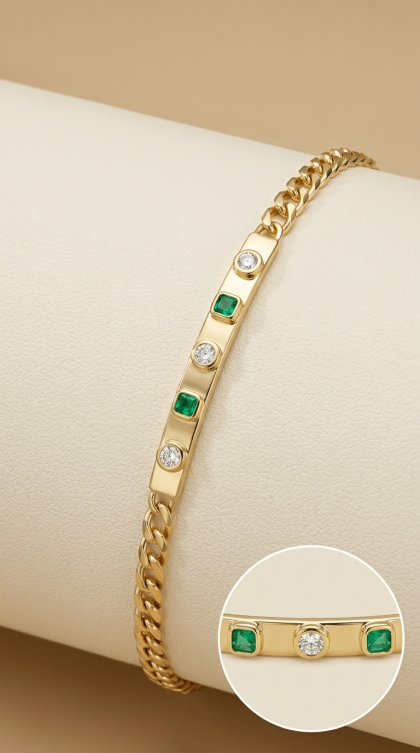 Pulsera En Oro Amarillo 18K Tejido Grumet Con Diamantes y Esmeraldas