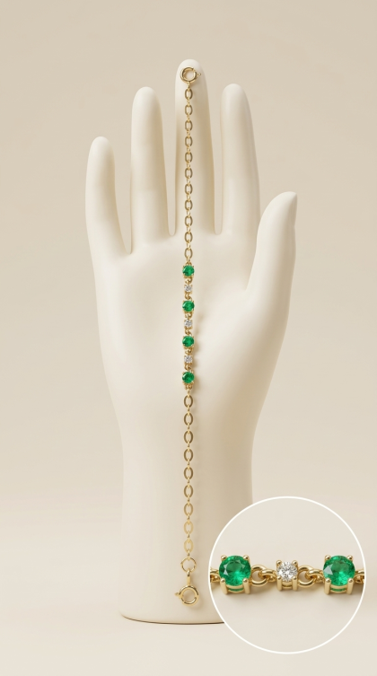 Pulsera En Oro Amarillo 18K Tejido Rolo Con Esmeraldas y Diamantes