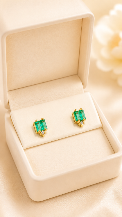 Topos en oro amarillo 18K con Esmeralda y Diamantes