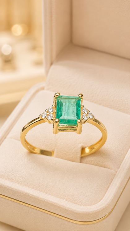 Anillo en oro amarillo 18K con Esmeralda y Circon
