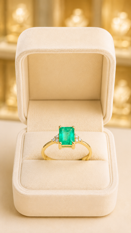Anillo en oro amarillo 18K con Esmeralda y Circon