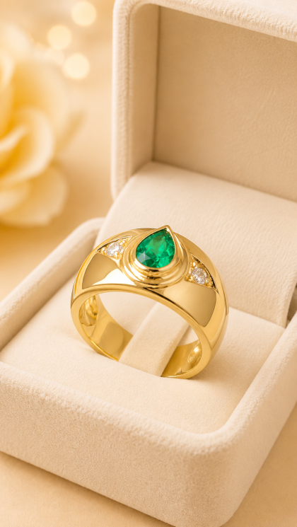 Anillo en oro amarillo 18K con Esmeralda y Diamantes