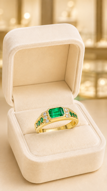 Anillo en oro amarillo 18K con Esmeraldas y Diamantes