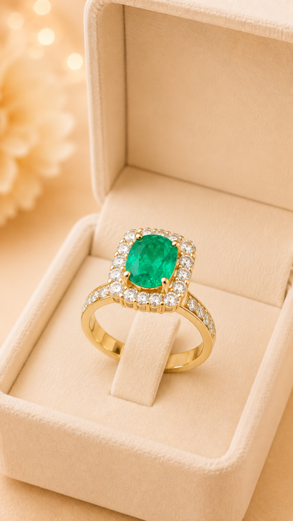 Anillo en oro amarillo 18K con Esmeralda y Diamantes