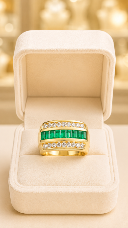 Anillo en oro amarillo 18K con Esmeraldas y Diamantes
