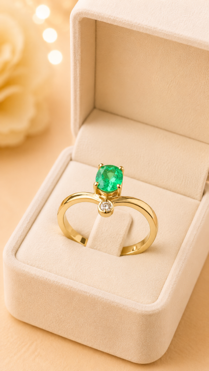 Anillo en oro amarillo 18K con Esmeralda y Diamante
