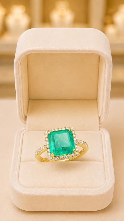 Anillo en oro amarillo 18K con Esmeralda y Diamantes