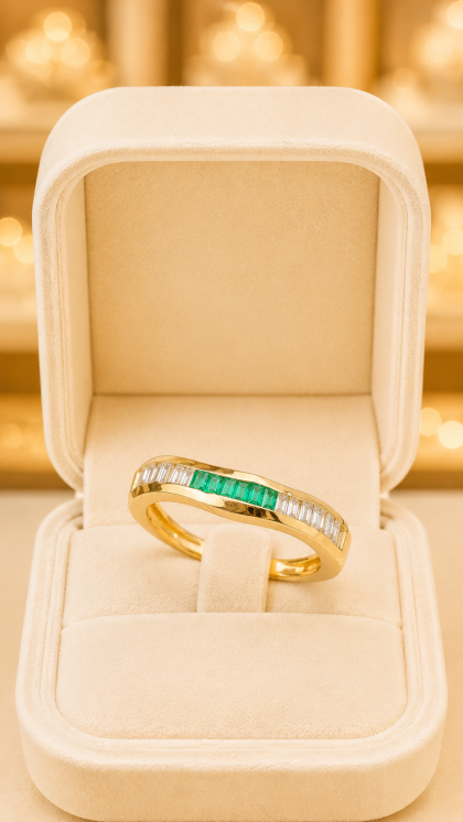 Anillo en oro amarillo 18K con Esmeraldas y Diamantes