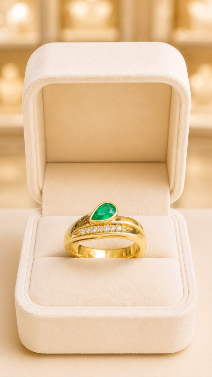 Anillo en oro amarillo 18K con Esmeralda y Diamantes