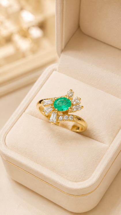 Anillo en oro amarillo 18K con Esmeralda y Diamantes