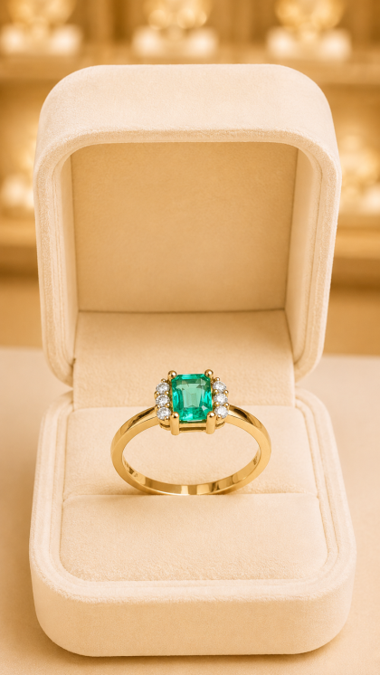 Anillo en oro amarillo 18K con Esmeralda y Diamantes