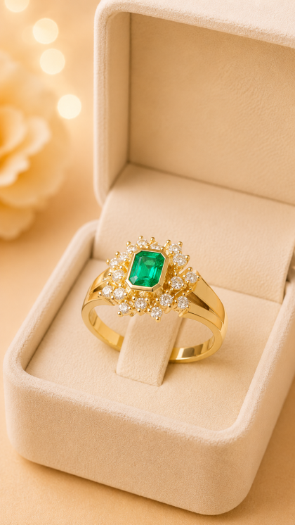 Anillo en oro amarillo 18K con Esmeralda y Diamantes