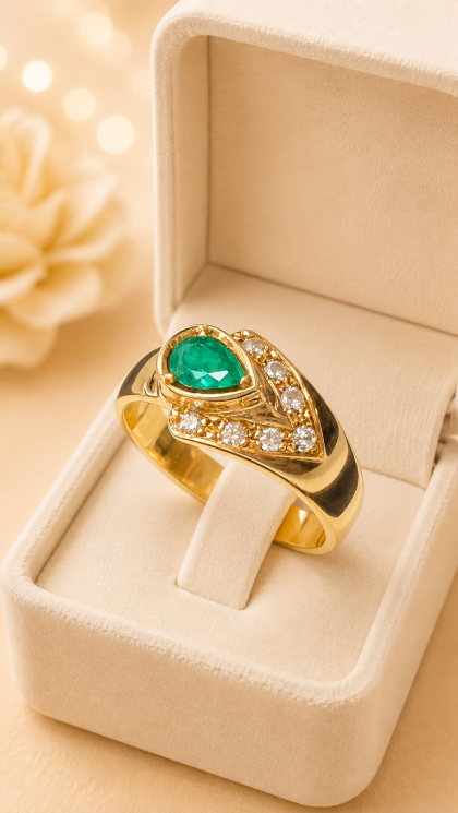 Anillo en oro amarillo 18K con Esmeralda y Diamantes