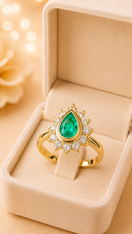 Anillo en oro amarillo 18K con Esmeralda y Diamante
