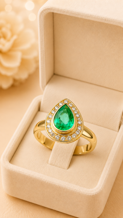 Anillo en oro amarillo 18K con Esmeralda y Diamantes