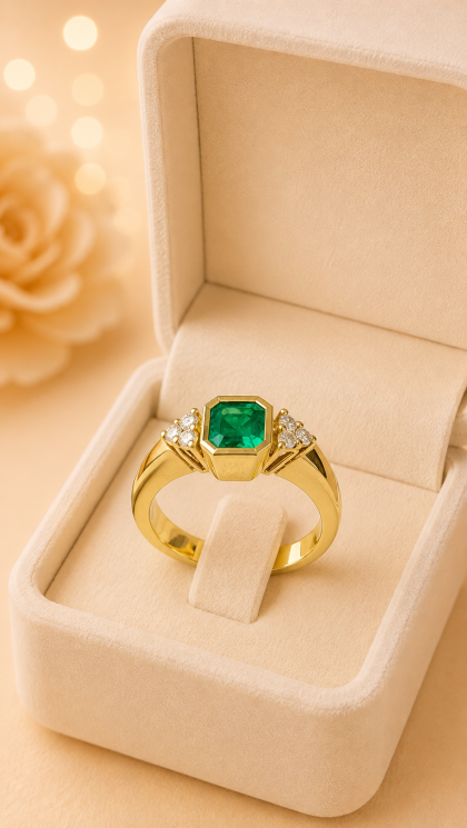 Anillo en oro amarillo 18K con Esmeralda y Diamantes