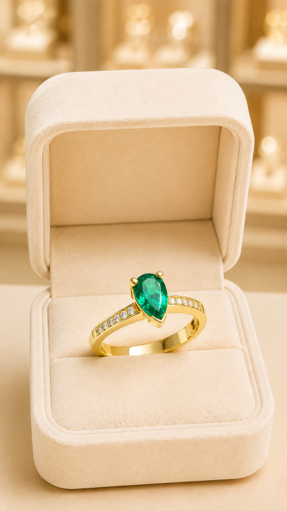 Anillo en oro amarillo 18K con Esmeralda y Diamante