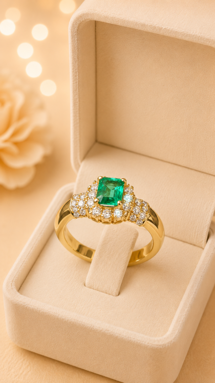 Anillo en oro amarillo 18K con Esmeralda y Diamantes