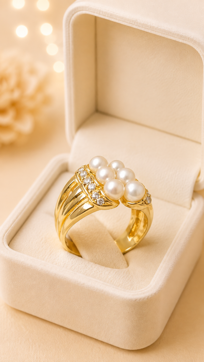 Anillo en oro amarillo 18K con Perlas y Diamantes