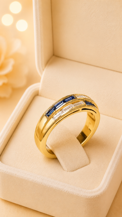 Anillo en oro amarillo 18K con Zafiros y Diamantes