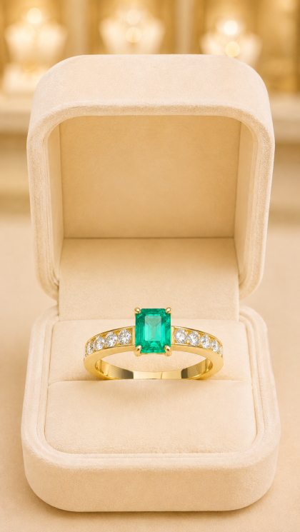 Anillo en oro amarillo 18K con Esmeralda y Diamantes