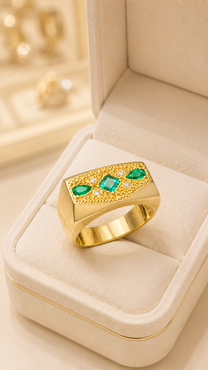 Anillo en oro amarillo 18K con Esmeraldas y Diamantes