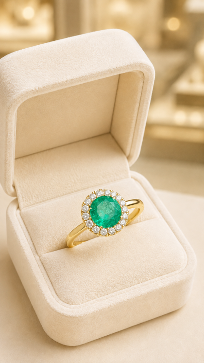Anillo en oro amarillo 18K con Esmeralda y Diamante