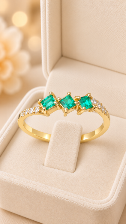 Anillo en oro amarillo 18K con Esmeraldas y Diamantes
