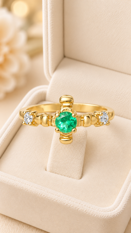 Anillo en oro amarillo 18K con Esmeralda y Diamantes