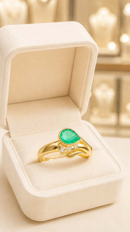 Anillo en oro amarillo 18K con Esmeralda y Diamantes