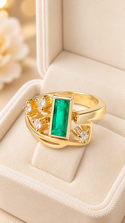 Anillo en oro amarillo 18K con Esmeralda y Diamantes