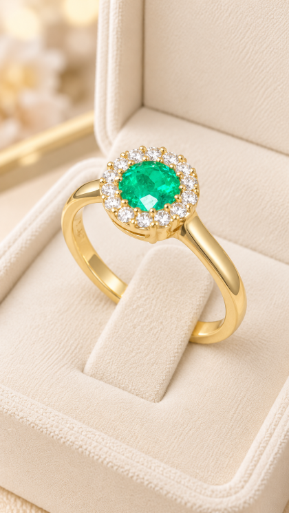 Anillo en oro amarillo 18K con Esmeralda y Diamante