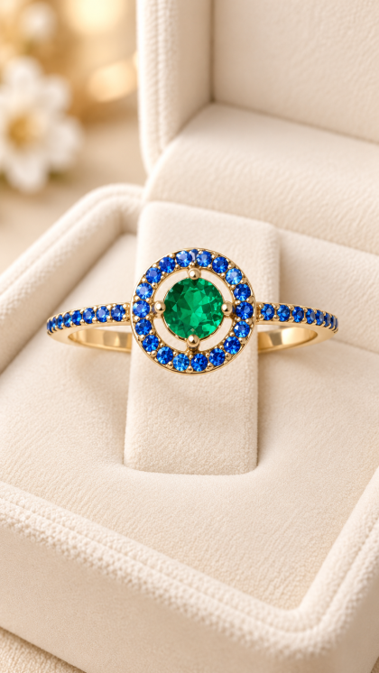 Anillo en oro amarillo 18K con Esmeralda y Zafiros