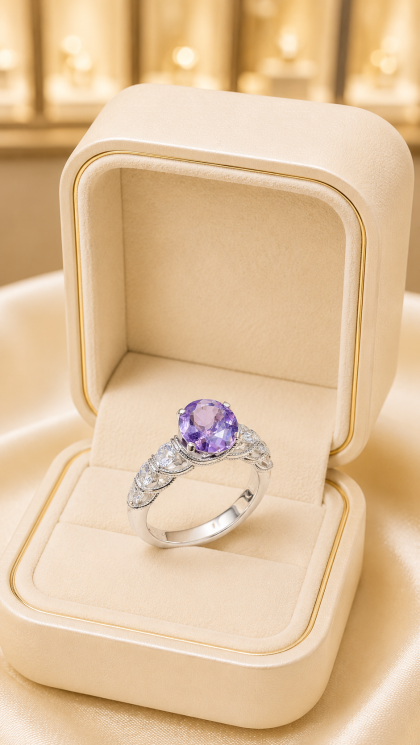 Anillo en oro blanco 18K con Amatista y Diamantes